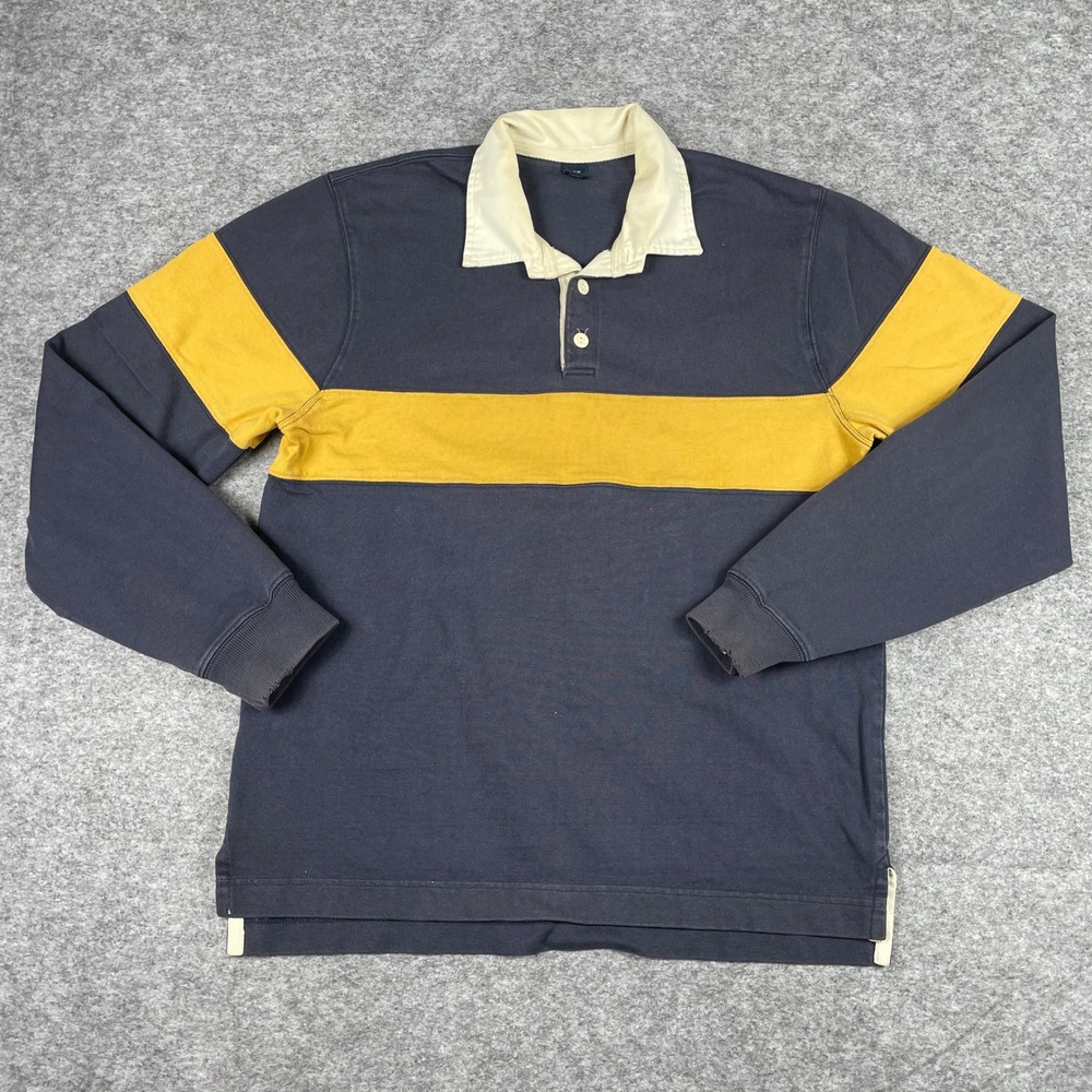 Gap Rugby Shirt Mens Medium Blue Yellow Long Sleeve Striped Cotton Y2K Pullover